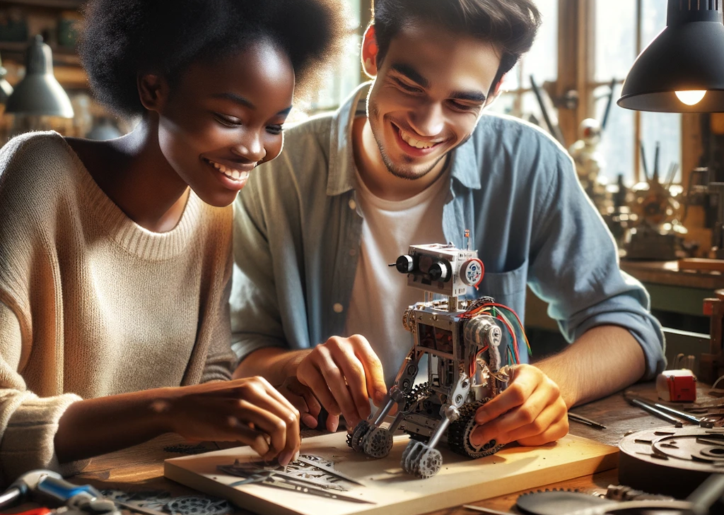 In a brightly lit workshop with natural light streaming in, a young woman and a young man are intently and happily working on a complex robot placed on a cluttered table. They are both dressed in casual attire. The workshop is a blend of old and new, with clocks visible in the background, conveying an atmosphere of creativity and innovation.